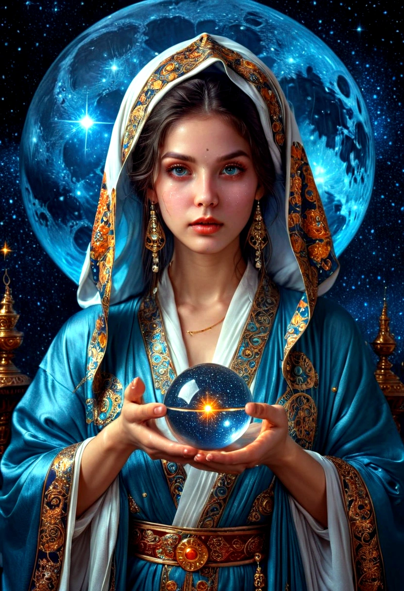 1girl, Astrologer, A beautiful astrologer woman, detailed intricate face, piercing eyes, full lips, long eyelashes, elegant mystical expression, flowing robe, holding crystal ball, starry cosmic background, dramatic lighting, digital art, highly detailed, 8K, masterpiece, best quality, very aesthetic, absurdres