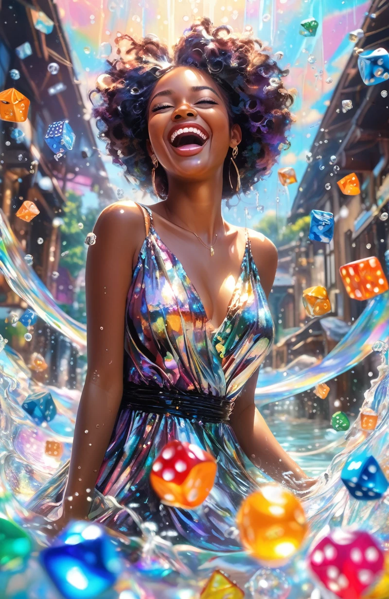 young woman, laughing, Colorful colors, surrounded by water bubbles, Kawashi style, masterpiece, Oil painting, made in anime style., Head close up, exaggerated perspective, Tyndall effect, water drops, mother-of-pearl shimmer, Holographic white,fisheye lens: shot of a seductive black woman in a beautiful dress, Standing model pose in room, decorated in bones, throw dice at the spectator, with drawings of rolling cubes on the walls, floor and ceilings, 32k Ultra HD, unreal engine rendering, hyperrealistic image,
