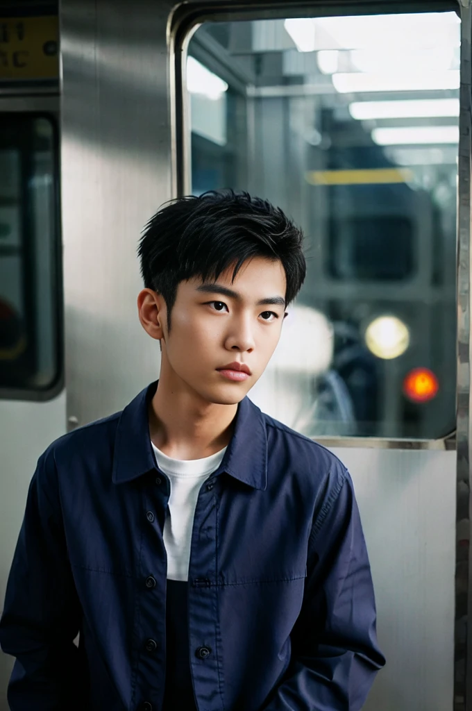 young asian man looking at camera In a navy button-down shirt , By the train, sunlight