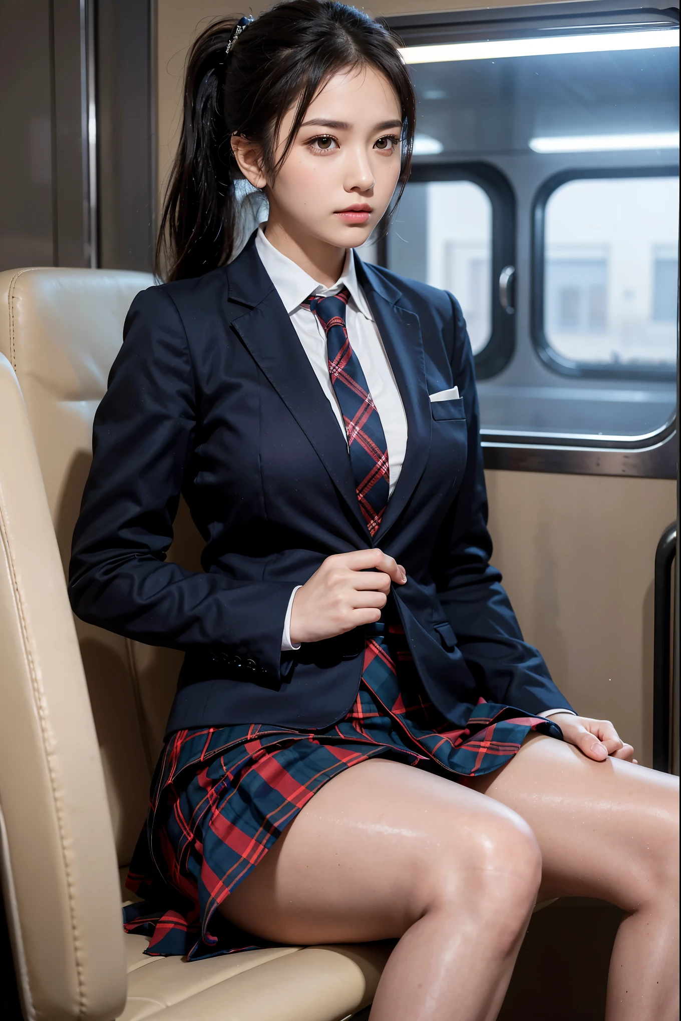 (8K), (best quality: 1.2), (realistic), (realistic: 1.37), ultra high resolution, 1 girl, cute, serious face, closed mouth, beautiful details, beautiful nose, beautiful hair, ponytail,huge two cells, pork, thighs,Self Snap,College student ,sitting on a train in tokyo,simple blazer,pleated skirt,(The pattern of the skirt and tie is a tartan check pattern....:1.3),cross one's legs, from above,(thighsにクローズアップ),(光沢のあるthighs),(opaque blue knee high socks:1.2)