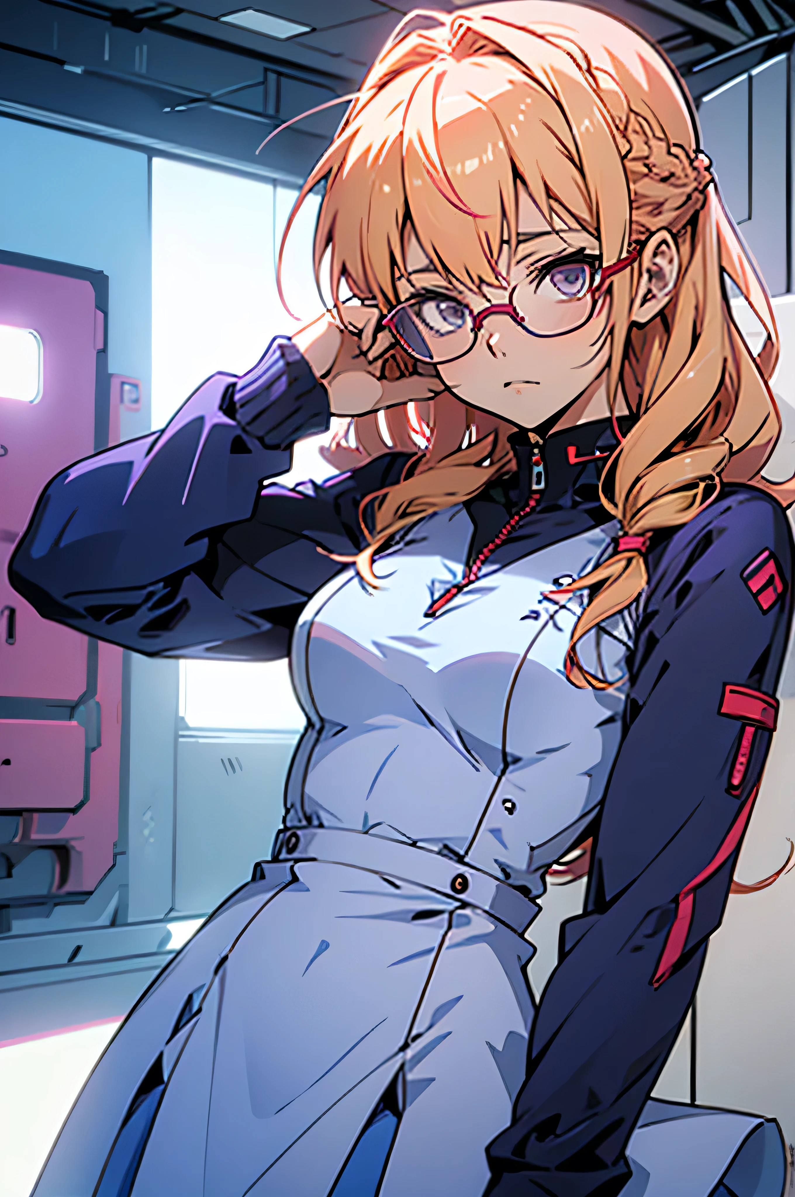 anime,An illustration,purple robot,Mobile Suit,Dom,Light blue check dress,Red glasses,Blonde,Light blue mesh hair,beautiful girl,Sora Sakurano,One person