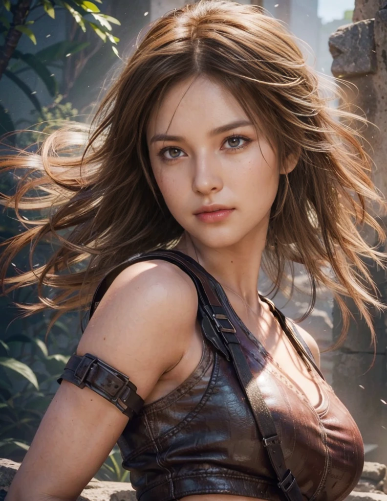 Lara Croft, brown eyes, (best quality, ultra-detailed), (realistic:1.37), beautiful and detailed face, ultra-realistic texture, delicate face, delicate body, red lipstick, bright colors. high definition, 8K,