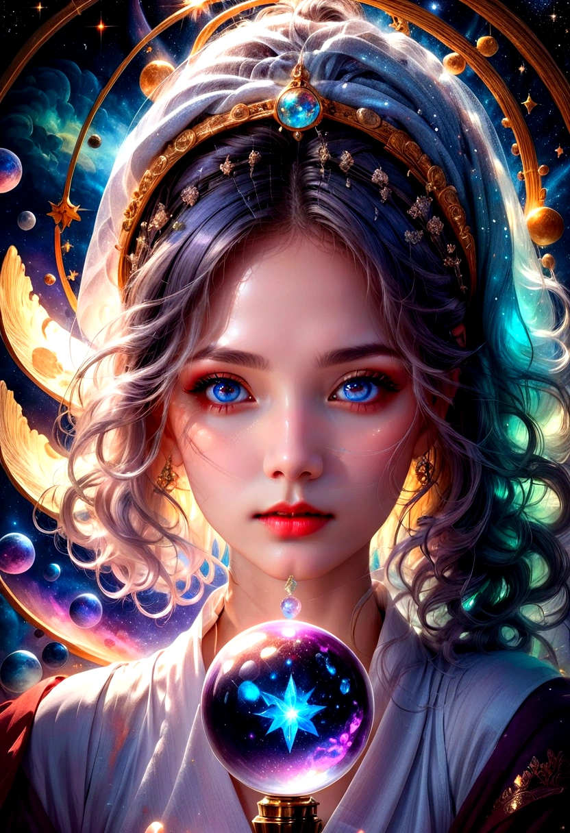 1girl, Astrologer, A beautiful astrologer woman, detailed intricate face, piercing eyes, full lips, long eyelashes, elegant mystical expression, flowing robe, holding crystal ball, starry cosmic background, dramatic lighting, digital art, highly detailed, 8K, masterpiece, best quality, very aesthetic, absurdres