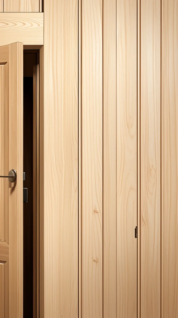 View of a slightly open wooden door and a beige wall, high quality, best resolution, 4K