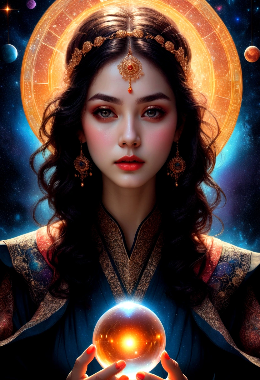 1girl, Astrologer, A beautiful astrologer woman, detailed intricate face, piercing eyes, full lips, long eyelashes, elegant mystical expression, flowing robe, holding crystal ball, starry cosmic background, dramatic lighting, digital art, highly detailed, 8K, masterpiece, best quality, very aesthetic, absurdres