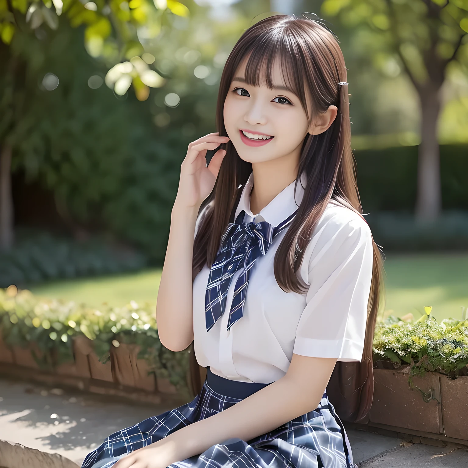 (highest quality, masterpiece:1.2), highest quality, High resolution, 1080P, 8K, Height: 150cm, solo, ((A noble and intelligent girl like Japanese cute girly lady is hypnotizing and giggling, A very sweet, very noble, pretty and neat Japanese beautiful cute girl succubus. Realistic very girly sweet cute evil girl like a princess is seated in a pile of many cute school ribbons)), Uniform Factory, ((((14 years old, popular Japanese fashion model)))), ((((White face with plump cheeks)))), Glossy lips, (Evenly cut bangs), ((Very beautifully laughing brown drooping gooey cute neat noble eyes)), ((straight black very very long straight hair)), Very lustrous, glossy lips, Open hand over open mouth, Beautiful hair like a hair model, Watching the viewer and laughing, ((Incredibly well organized, The expression is rich. plump and beautiful skin and face)), ((Pure and clear sweetly smiling eyes)), ((smiling at me)), Glossy Lips, ((noble and neat)), ((Like a succubus is fascinating with magic and giggling)), ((((A succubus is fascinating and calling to the deeper place forever)))), ((highly up-curved lips)), ((looking at the viewer directly)), white hands, ((Navy girls high school sailor uniform, Navy uniform sailor collar, Navy uniform checkered pleated skirt, Navy school shirt, Blue string ribbon tie)), Ribbons lined up on the wall, (((Her very white, smooth, beautiful long legs are highlighted by her long checked skirt.)))