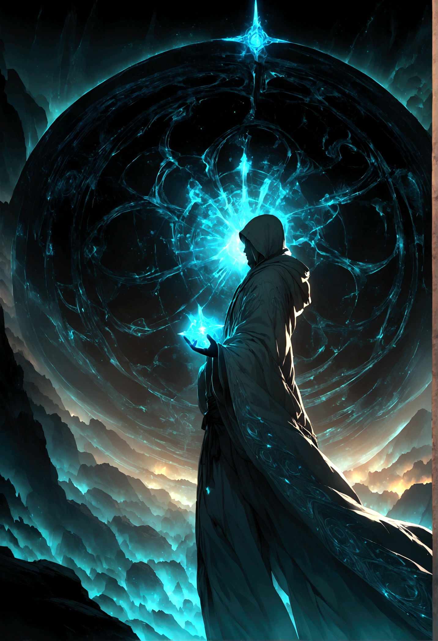 Mysterious ninja sideways dynamic action pose holding a blue glowing star in his hands ( Correct and perfect anatomy ) Flowing robe, A man wearing a beige hooded robe with swirling starry magic energy(flying robe))Man mysterious ninja sideways, face partially obscured by turban or mask, holding a blue glowing star in hand with blue fire power on the side, background is a huge star shaped blue light magic circle,
Mystic Fantasy Art Mystical Blue Light Runes Hovering Around (cinematic), meticulously made, Magical power, A detailed and intricate masterpiece of magic circles, Lighting effects Highly detailed fantasy magic concept art Highly detailed HD cinematic magic fantasy Gorgeous digital art