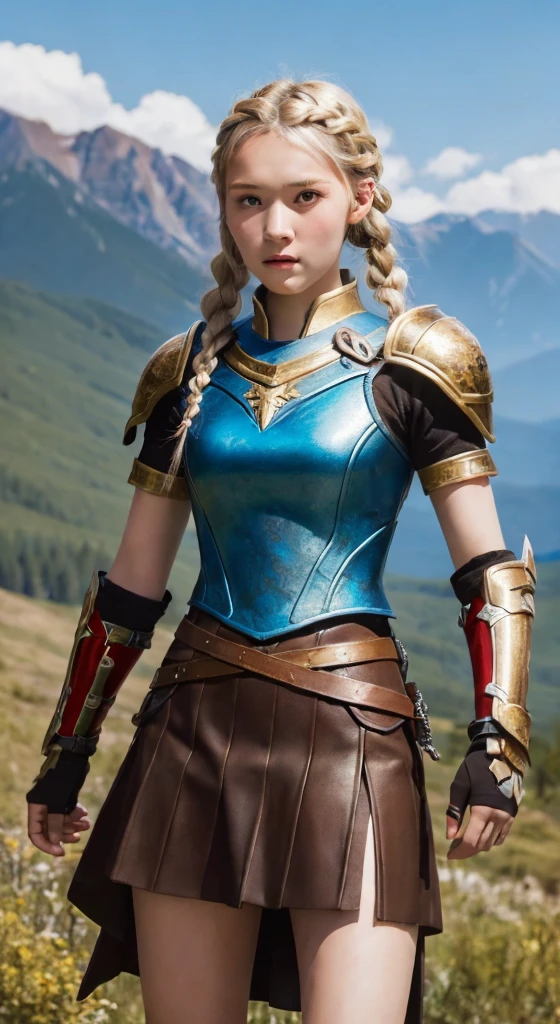 ((Highest quality, 8K, masterpiece:1.3)),young,woman,Warrior,Realistic Style,Sexy Style,Brown Skirt,sword,shield,Blonde,Braid,10-12 years old,Kind expression,Rocky Mountain,blue sky,adventure,heroic,cute,Valkyrie