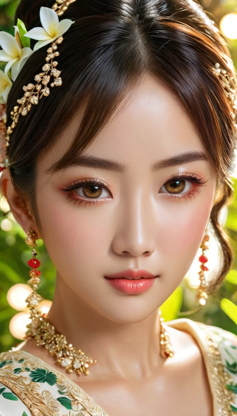 beautiful detailed eyes, beautiful detailed lips, extremely detailed eyes and face, long eyelashes, 1 girl, asian woman, wearing traditional kebaya dress, graceful pose, serene expression, ornate floral pattern, elegant accessories, golden jewelry, lush tropical foliage background, soft lighting, cinematic composition, photorealistic, (best quality,4k,8k,highres,masterpiece:1.2),ultra-detailed,(realistic,photorealistic,photo-realistic:1.37)