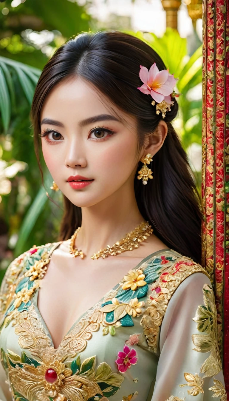 beautiful detailed eyes, beautiful detailed lips, extremely detailed eyes and face, long eyelashes, 1 girl, asian woman, wearing traditional kebaya dress, graceful pose, serene expression, ornate floral pattern, elegant accessories, golden jewelry, lush tropical foliage background, soft lighting, cinematic composition, photorealistic, (best quality,4k,8k,highres,masterpiece:1.2),ultra-detailed,(realistic,photorealistic,photo-realistic:1.37)