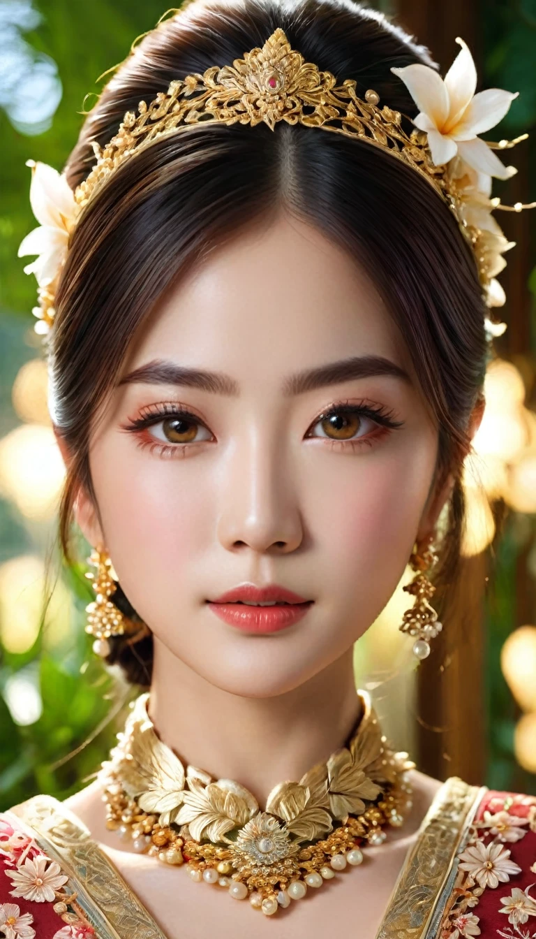 beautiful detailed eyes, beautiful detailed lips, extremely detailed eyes and face, long eyelashes, 1 girl, asian woman, wearing traditional kebaya dress, graceful pose, serene expression, ornate floral pattern, elegant accessories, golden jewelry, lush tropical foliage background, soft lighting, cinematic composition, photorealistic, (best quality,4k,8k,highres,masterpiece:1.2),ultra-detailed,(realistic,photorealistic,photo-realistic:1.37)