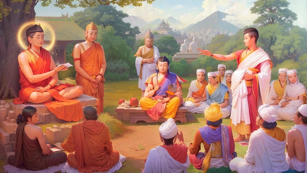 Shakyamuni gautam buddha sitting under a tree and teaching to his followers.