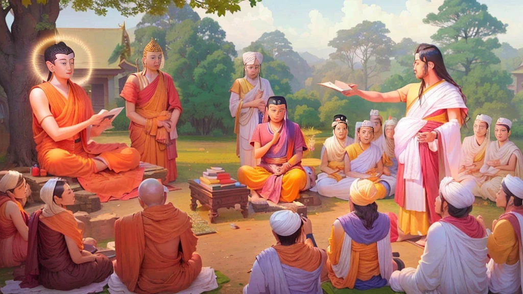 Shakyamuni gautam buddha sitting under a tree and teaching to his followers.