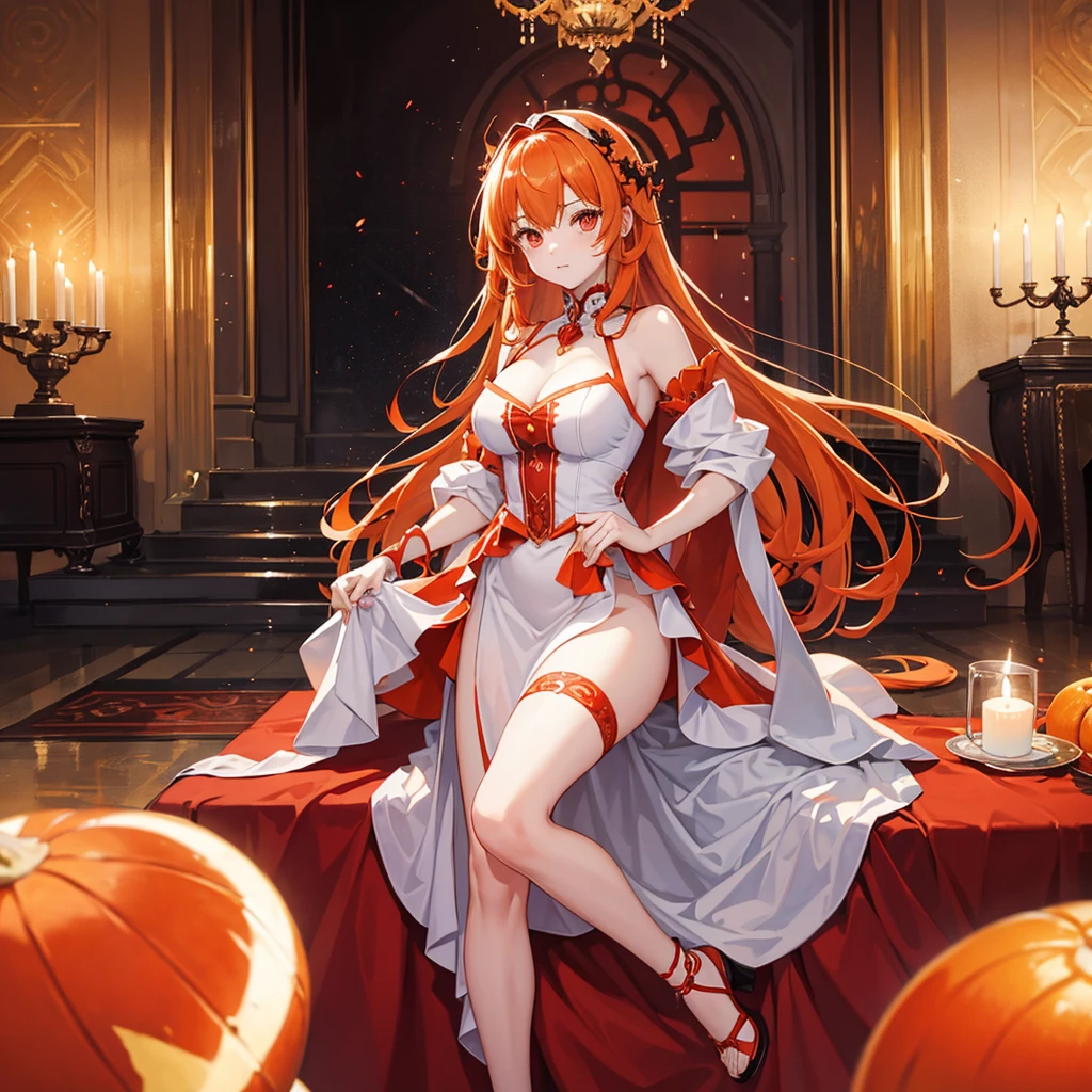 Hot and strong Girl, baby orange hair, red eyes, in the palace, in dress 
