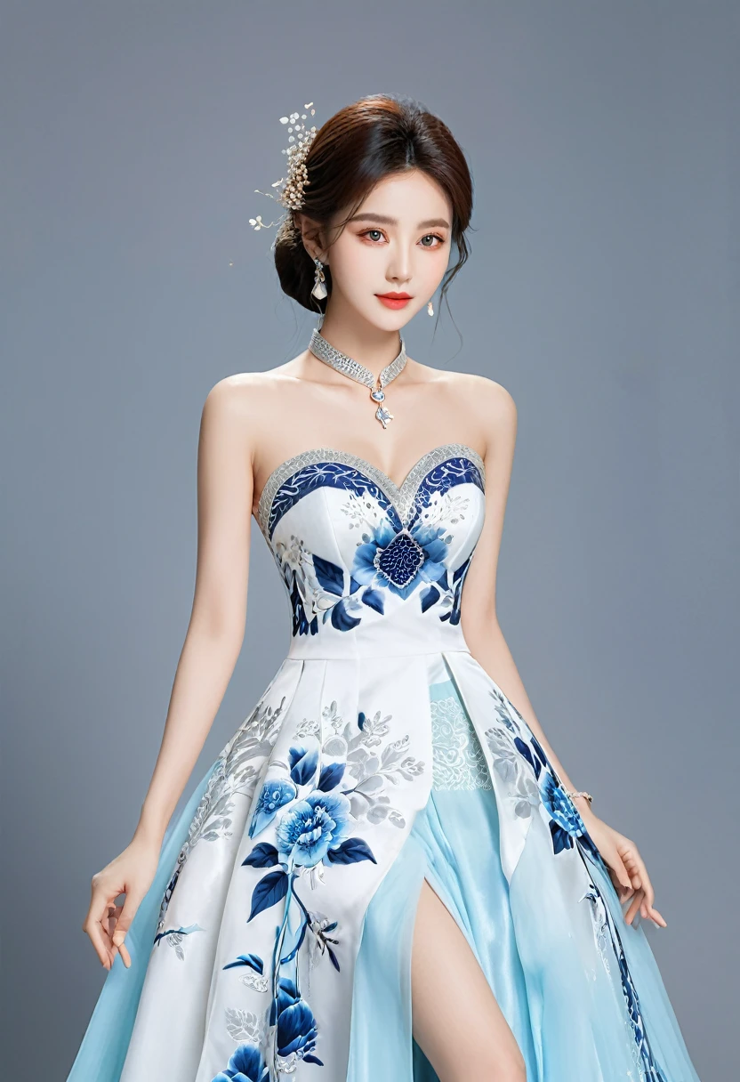 Realistic photo style, whole body 사진에 아름다운 아시아 소녀가 등장합니다., Wearing a unique ethnic style evening gown with delicate skin., bright and lively eyes, Thick eyelashes that look especially attractive. Long dresses are slim and elegant., Eye-catching silver jewelry and alcohol. The high-collar design adds an elegant atmosphere., Color of blue and white porcelain. using light and shadow, The vivid and harmonious appearance of the protagonist is highlighted... whole body, (masterpiece, best quality, professional, perfect composition, very aesthetic, absurd, very detailed, intricate details:1.3)