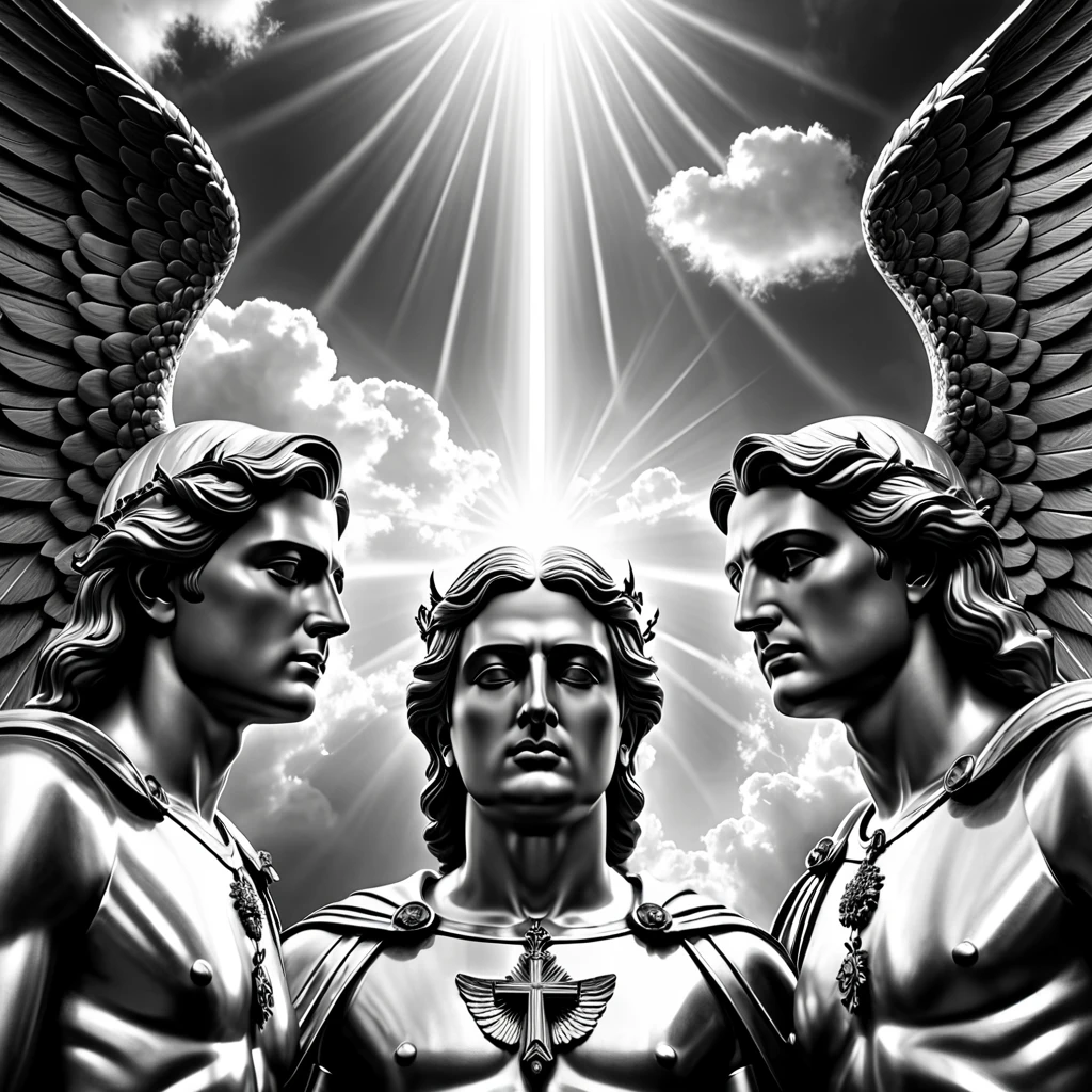 archangels, religious, surrealistic, thinking, Surrealism, Social realism, cinematic lighting, god rays, ray tracing, blending, multiple monochrome, masterpiece, high details, award winning, 8k, highres, best quality, three strong men, the sky is like trembling, highly detailed faces, perfect well drawn faces, universal facial features 