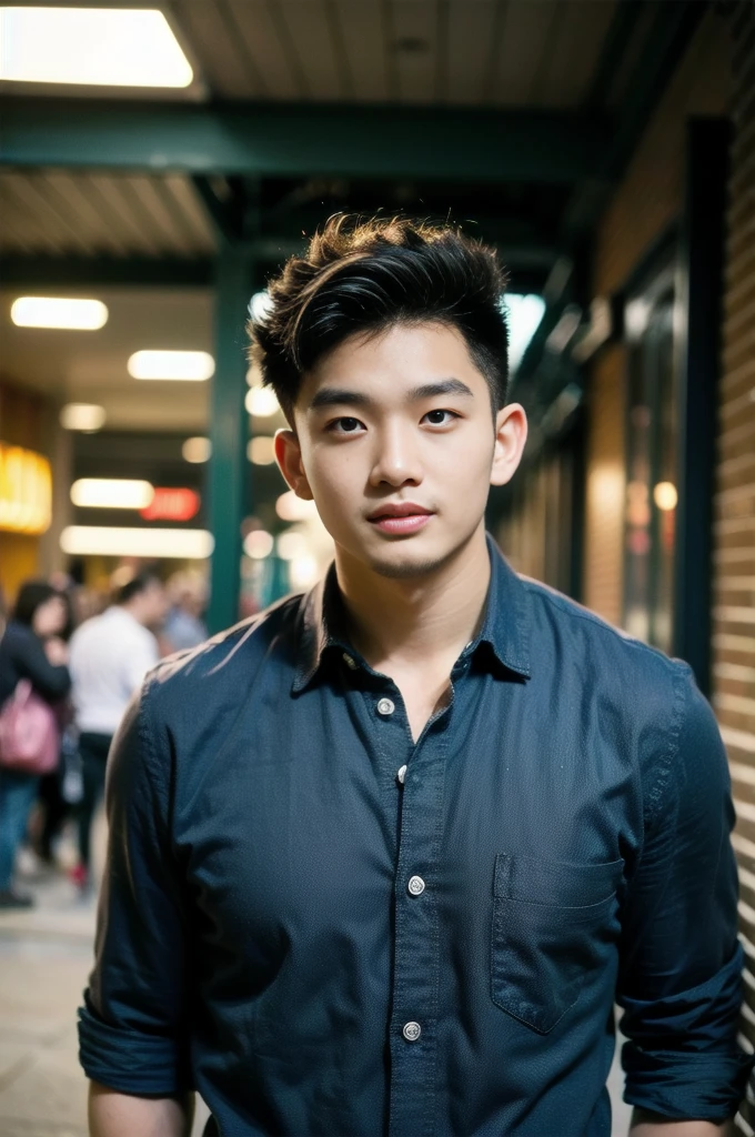 A young Asian man with large muscles looks at the camera. In a black button-down shirt , Department store normal lighting