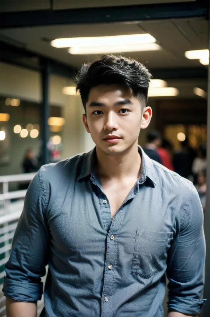 A young Asian man with large muscles looks at the camera. In a black button-down shirt , Department store normal lighting