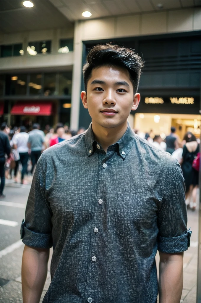 A young Asian man with large muscles looks at the camera. In a black button-down shirt , Department store normal lighting