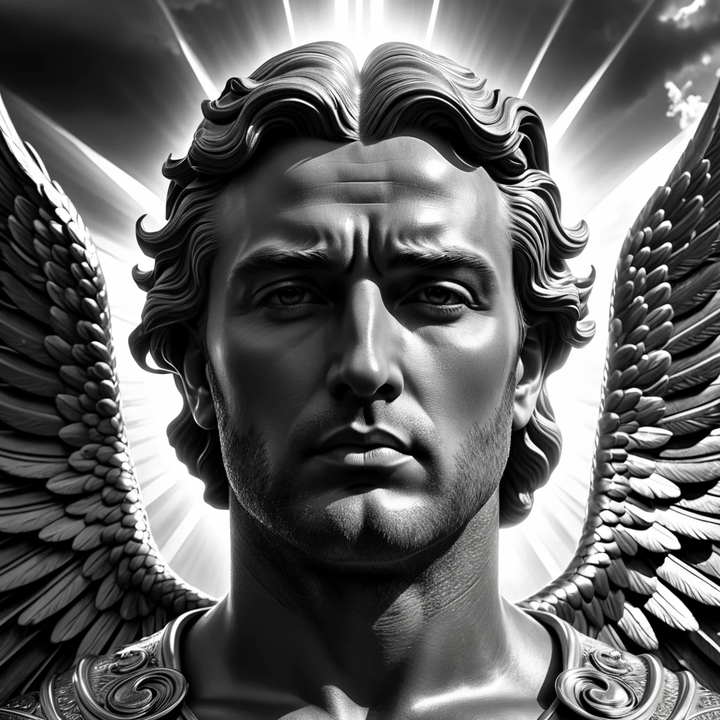 archangel, religious, surrealistic, thinking, Surrealism, Social realism, cinematic lighting, god rays, ray tracing, blending, multiple monochrome, masterpiece, high details, award winning, 8k, highres, best quality, strong man, the sky is like trembling, highly detailed face, perfect well drawn face, universal facial features