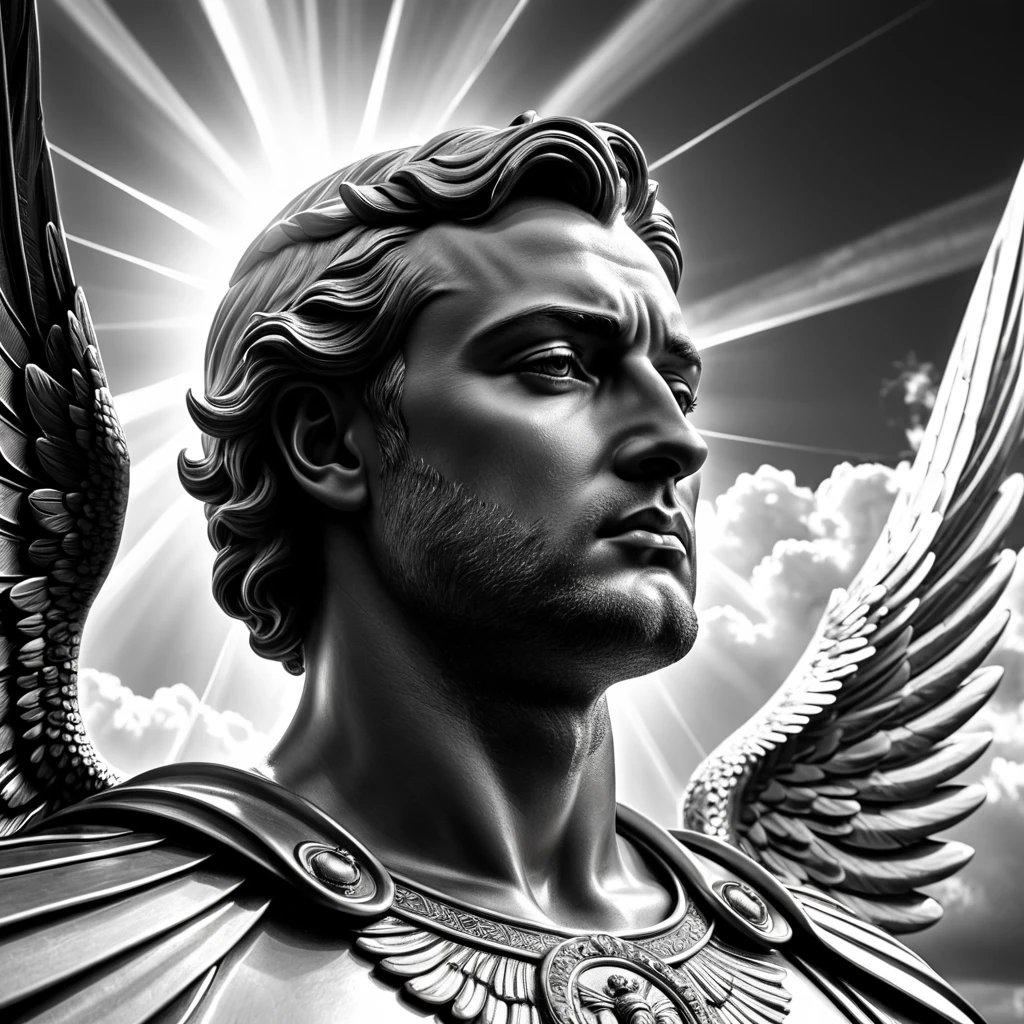 archangel, religious, surrealistic, thinking, Surrealism, Social realism, cinematic lighting, god rays, ray tracing, blending, multiple monochrome, masterpiece, high details, award winning, 8k, highres, best quality, strong man, the sky is like trembling, highly detailed face, perfect well drawn face, universal facial features 