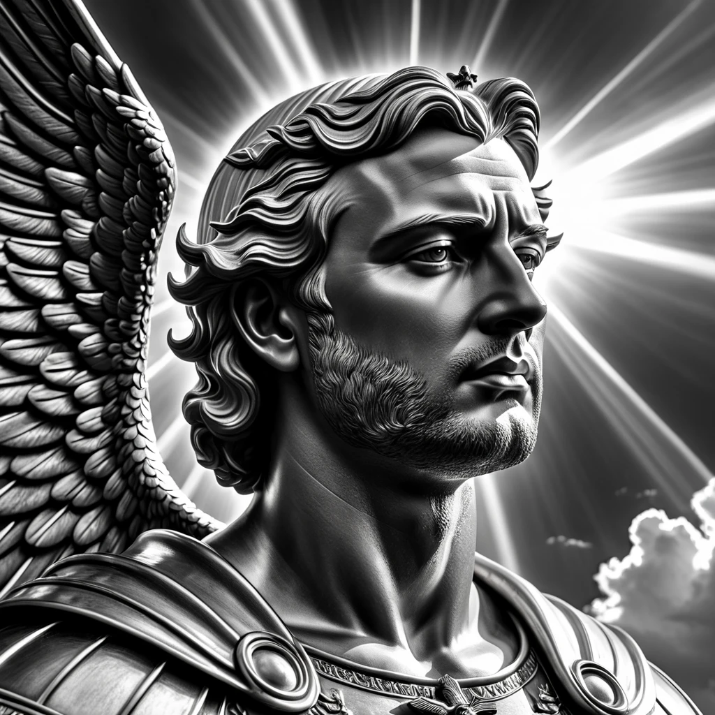 archangel, religious, surrealistic, thinking, Surrealism, Social realism, cinematic lighting, god rays, ray tracing, blending, multiple monochrome, masterpiece, high details, award winning, 8k, highres, best quality, strong man, the sky is like trembling, highly detailed face, perfect well drawn face, universal facial features 
