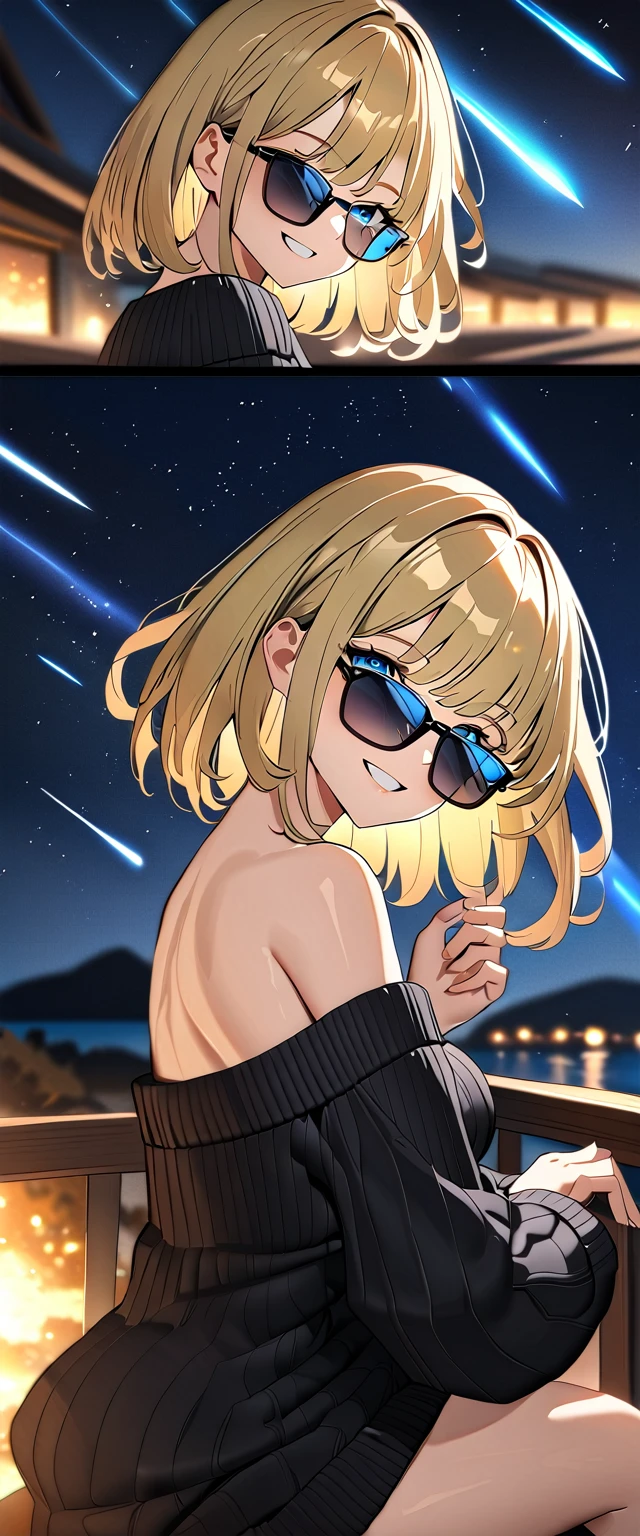 ((grin)), ((off-shoulder sweater:1.3, Quite thick shoulder straps)), ((black sweater)), ((blond hair, bob cut:1.3)), ((sunglasses, hand to sunglasses)), (((from side))), ((((upper body)))), ((Leaning to side)), (((A meteor shower dancing in the night sky, countless stars twinkling in the clear air))), ((sitting on the very high cliff)), wavy hair, inward curled hair, sea, breasts, teenager, (looking at viewer), oversized clothes, puffy long sleeves, collarbone, head tilt:1.3, (((blue eyes))), happy smile, (((anime style))), (best quality, 4K, 8K, highres, masterpiece:1.2, ultra-detailed, ultra-detailed eyes, HDR, uhd, studio lighting, ultra-fine painting, sharp focus, physically-based rendering, extreme detail description, professional, vivid colors, bokeh)
