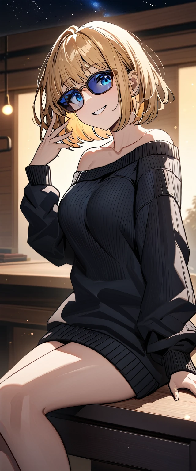 ((grin)), ((off-shoulder sweater:1.3, Quite thick shoulder straps)), ((black sweater)), ((sunglasses, hand to sunglasses)), (((from side))), ((((cowboy shot)))), ((Leaning to side)), (((a beautiful starry sky, the Milky Way shining beautifully in the night))), ((sitting on the very high cliff)), wavy hair, inward curled hair, sea, ((blond hair, bob cut:1.3)), breasts, teenager, (looking at viewer), oversized clothes, puffy long sleeves, collarbone, head tilt:1.3, (((blue eyes))), happy smile, (((anime style))), (best quality, 4K, 8K, highres, masterpiece:1.2, ultra-detailed, ultra-detailed eyes, HDR, uhd, studio lighting, ultra-fine painting, sharp focus, physically-based rendering, extreme detail description, professional, vivid colors, bokeh)