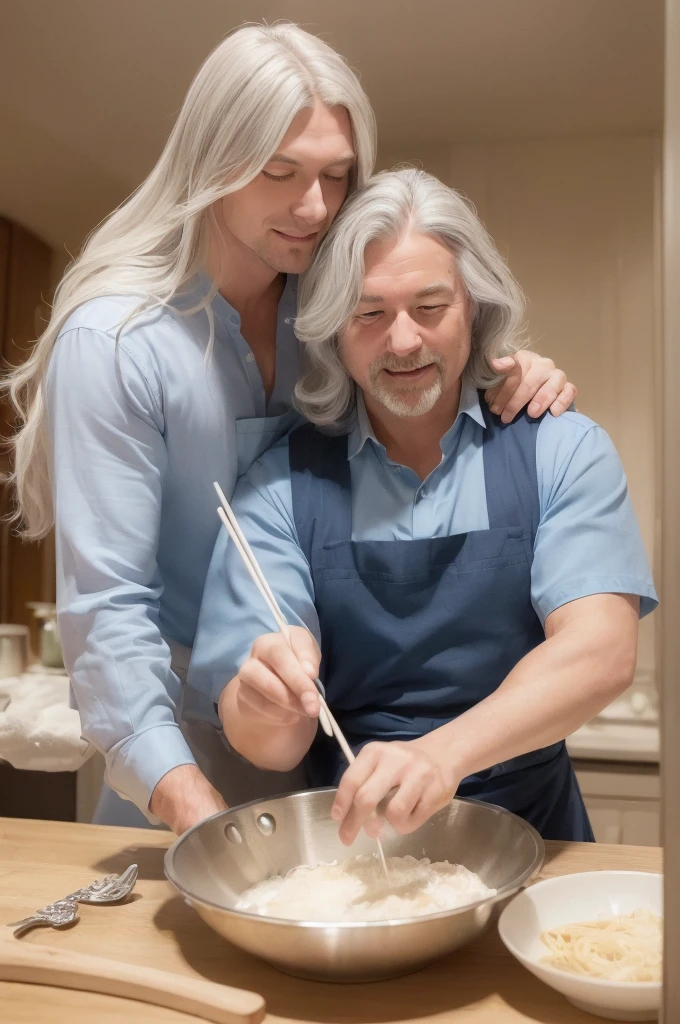 (Highest quality, Super detailed, Photorealistic:1.37), Silver long hair, Amazing blue eyes, Happy man whisking eggs with chopsticks, male２people, They are hugging each other,  Soft lighting, Pink Apron, figure, bangs, Flowing Hair, Breeze, Shiny Hair,.