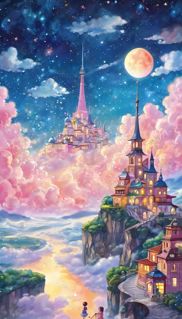 dream fantasy story, best quality, super fine, 16k, 2.5D, delicate and dynamic depiction, (chibi, cute  in dress holding cane standing on high ground), city in the sky above the clouds, clouds in vivid and pastel colors, city of modern buildings, beautiful blend with nature, river, bright starry sky, pink moon, sparkly and fluffy image effect, artwork with vibrant colorful colors, detailed decorated backgrounds