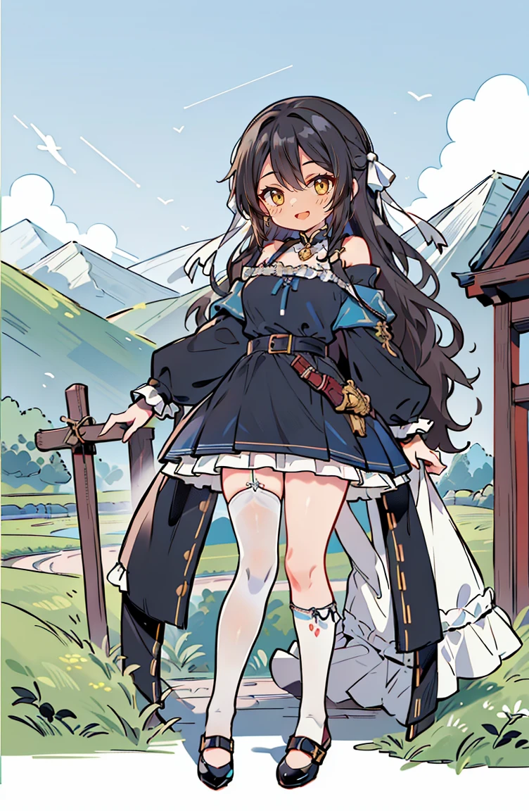 (masterpiece:1.2), (high quality:1.2), hui xiyi, rekkyo sensen, rekkyou sensen, (full body, chibi girls:1.45), solo focus, girls with((black hair, tits cleavage, exposed breasts, breasts close up, dress, (blue clothes:1.3), ribbon belt, off-shoulder sleeves, long sleeves, furry jacket, frills shirt, frills camisole, straps, (rosary choker, golden rosary, cross:1.05), (strap shoes, black shoes, exposed legs, left legwear, white legwear:1.67), (long wavy hair, one side up:1.4))), background with ((architecture, blue sky, building, bush, castle, village, no humans, cloud, cloudy sky, day, fence, field, garden, grass, hill, house, lamppost, landscape, mountain, mountainous horizon, nature, no humans, outdoors, scenery, shrine, sky, tower)), cowboy shot, anime, anime style