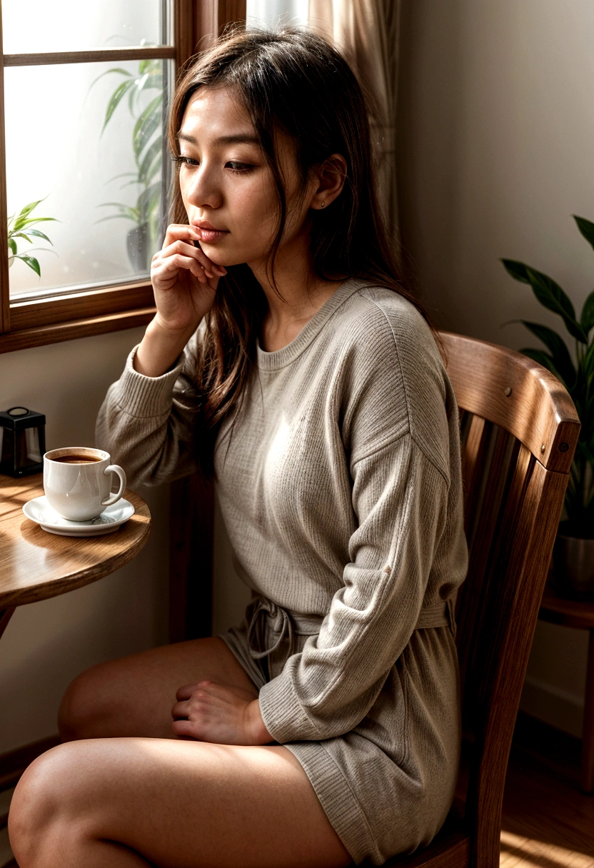 a young woman aged 20 with a mix of Japanese and Spanish heritage, enjoying her morning routine. She is sitting at a cozy table with a cup of tea or coffee, a book, and natural light streaming in from a nearby window. The setting is serene and inviting, suggesting a peaceful and mindful start to the day. The overall vibe should be calm, motivational, and inspiring. best quality, realistic