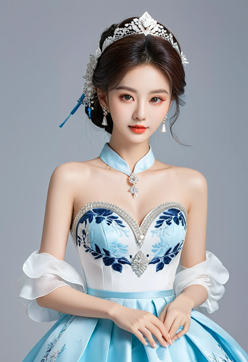 Realistic photo style, whole body 사진에 아름다운 아시아 소녀가 등장합니다., Wearing a unique ethnic style evening gown with delicate skin., bright and lively eyes, Thick eyelashes that look especially attractive. Long dresses are slim and elegant., Eye-catching silver jewelry and alcohol. The high-collar design adds an elegant atmosphere., Color of blue and white porcelain. using light and shadow, The vivid and harmonious appearance of the protagonist is highlighted... whole body, (masterpiece, best quality, professional, perfect composition, very aesthetic, absurd, very detailed, intricate details:1.3)