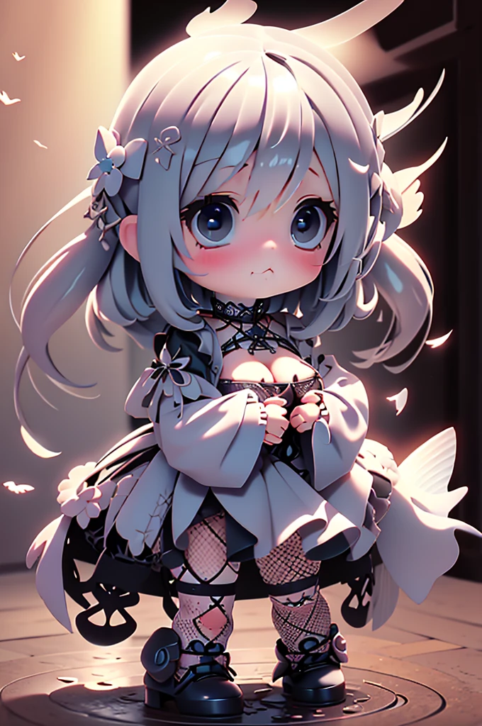 High quality、Correct Anatomy、plastican00d、Bright atmosphere、Realistic Light、Spotlight from above、pretty girl、Gothic Fashion、Big Breasts、Fishnet tights、Silver Hair、garter belt、Two-headed appearance、plastic、Very Short Hair、Cumulonimbus、Summer sunshine、Pullside、full body, chibi、