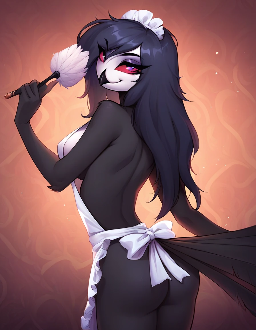 score_9, score_8_up, score_7_up, score_6_up, score_5_up, score_4_up, rating_explicit, source_furry, female, cute anthro female, cute face, maid, maid apron, palace, detailed background, (bare shoulders:1.2), looking at viewer, side view, (half-closed eyes:1.1), lewd expression, (raised tail:1.2), attractive pose, solo, solo focus, from behind, looking back, (long hair:1.3), (feather duster:1.1), (backless outfit, sideboob, :1.3), naughty face, smile,, octavia, avian bird demon owl owl_demon, beak, red sclera, anthro