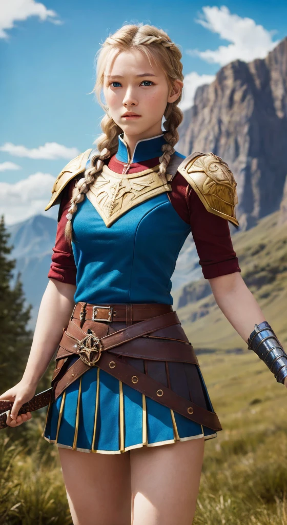 ((Highest quality, 8K, masterpiece:1.3)),young,woman,Warrior,Realistic Style,Sexy Style,Brown skirt reveals legs,sword,shield,Blonde,One braid,10-12 years old,Kind expression,Rocky Mountain,blue sky,adventure,heroic,cute,Valkyrie