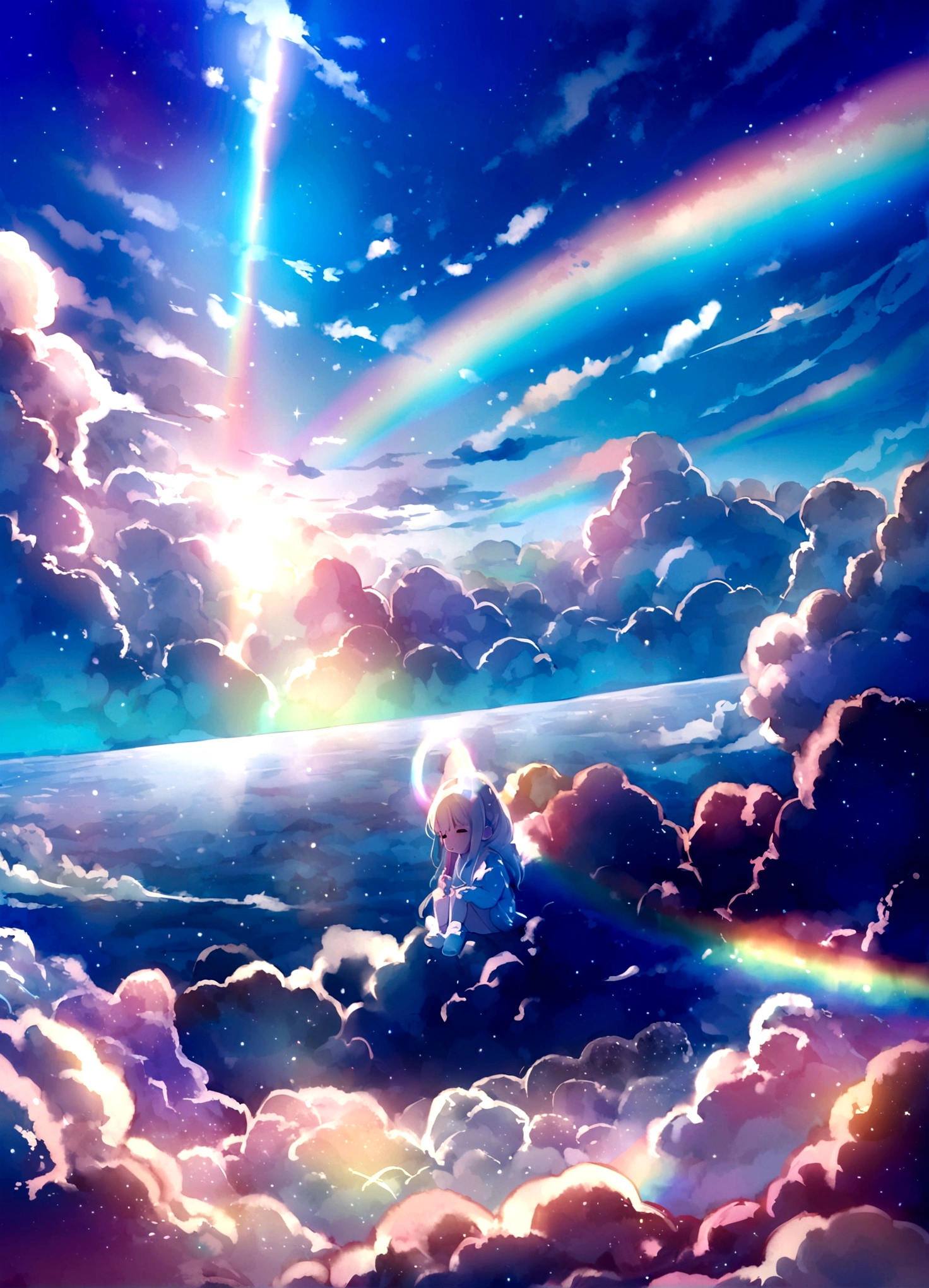 雲と虹のあるIridescent skyの絵, So colorful and heavenly, Mysterious rainbow halo, Bright rainbow halo, Rainbow Clouds, Colors of Heaven, About Space Cloudscape, Sunny rainbow galaxy stormy ocean, Rainbow Cloud, Fantasy Rainbow, Rainbow Clouds, Sitting on a cloud in space, Heavenly planets in the background, Iridescent sky, Heavenly atmosphere,A girl is looking down at the sky,