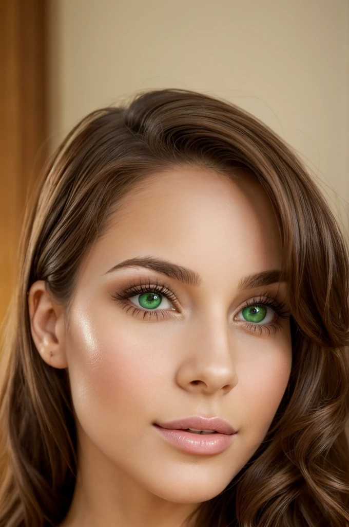 beautiful young woman, average quality Twenty-seven-year-old woman. Short stature and thin body, with curves in the right places. wide, color chocolate, curly. heart shaped face, pretty little nose, big hazel eyes with green, and long, bushy eyelashes. has diastema, but that only increases the attractiveness of his kissable lips.