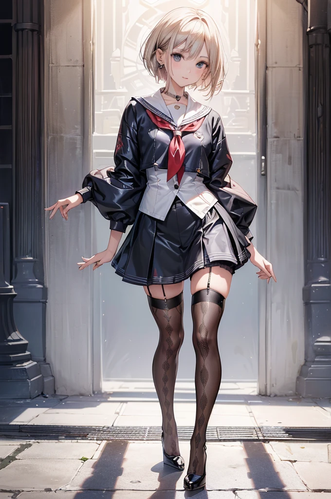 ((Biologically correct limb count)),(( From head to toe,Full-body photo including face)),4K,((Standing position)),masterpiece,((Focus on the face)),((Symmetrical facial features)),Eyes with detailed description,Beautiful woman,Great style,Beautiful arms,Beautiful legs,Beautiful Hands,(Small Ass,Thin thighs),Facial detailing,Small earrings,necklace,(Latex sailor suit,mini skirt((High heels,Patterned stockings))),((Waiting for someone to meet up)),Silk gloves,Realistic photo,Short Hair,Stand at an angle