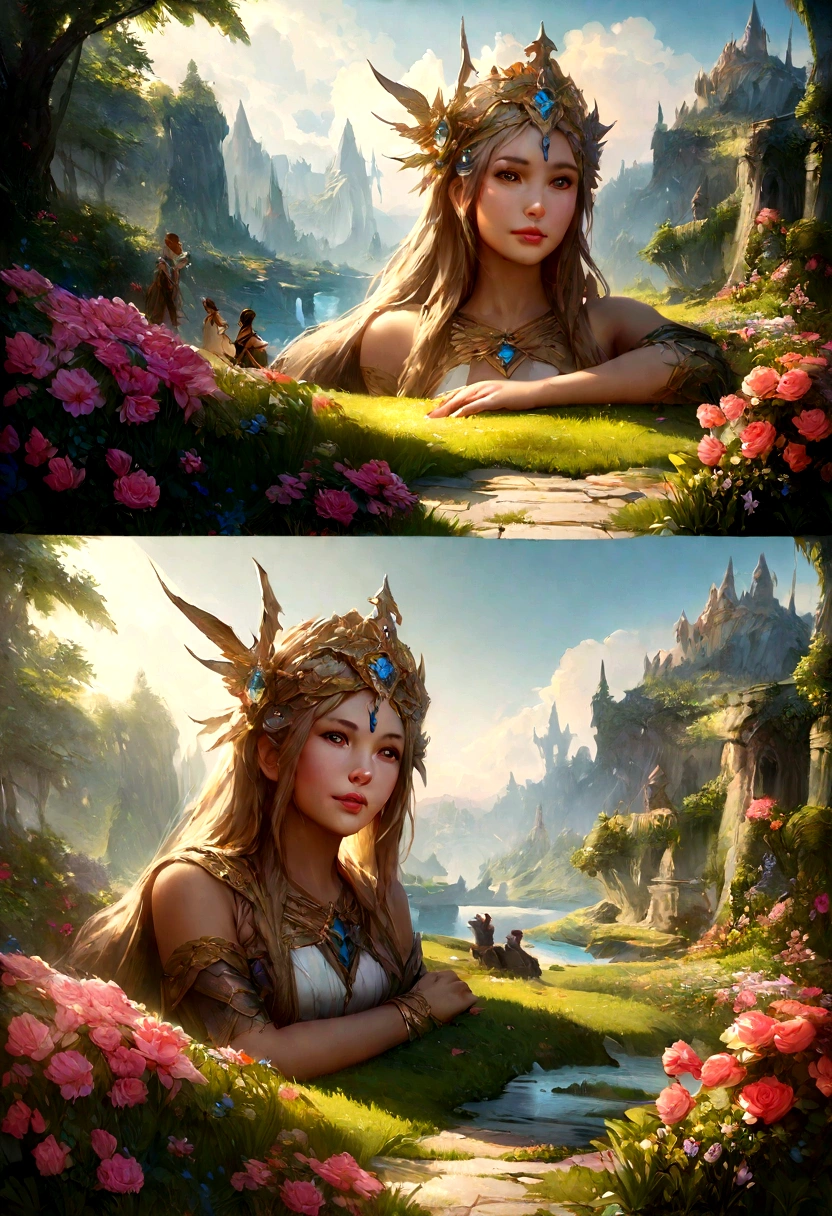 beautiful fantasy world with flowers, dreaming, hyper realistic, trending in Artstation