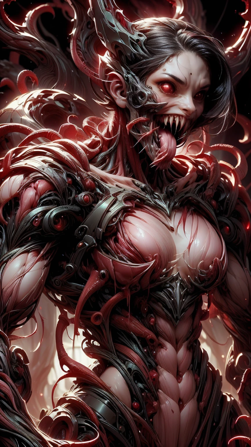 (beautiful girl face:1.45), megan fox as a vampiric muscular red carnage, (mouth wide open with tongue out:1.25), (red carnage anatomic muscular bio-mecha muscle suit:1.25), (body totally covered in muscles, veins, tendons), (perfect muscular anatomy),