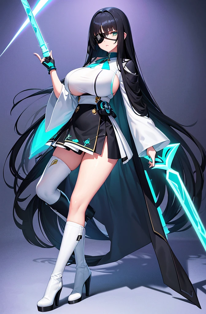 Phantasy Star Portable２　Game Characters　Ouka Nagisa　((Big Tits))　One beautiful girl　((Beautiful long black hair))　Jade green eyes　Highest quality　Bangs Princess Cut　((He wears an eyepatch on his right eye))　White formal wear　mini skirt　He has a giant blue mechanical sword　Her skin is as white as possible, and she wears blue knee-high boots　Deuman　Mysterious atmosphere　Space Station　　　