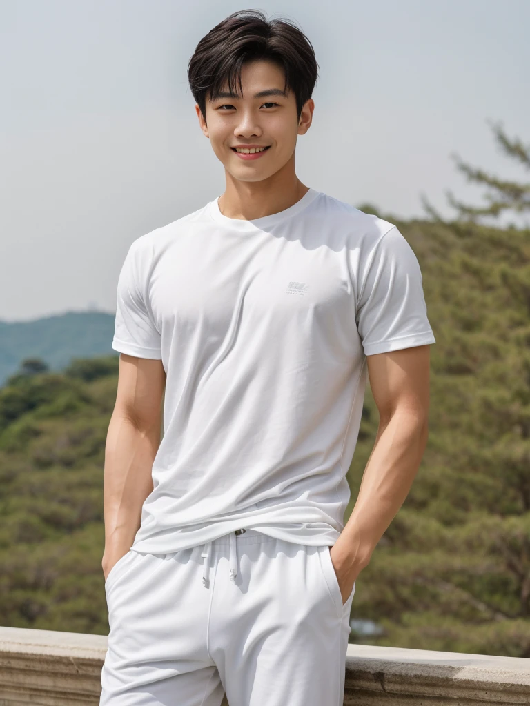 独奏: 1.5, (As a matter of fact, Masterpiece, 8k HD, good light quality, sportswear, fit the face, complicated details), A handsome Korean young man with muscular arms. , 20 years old, be happy, smile brightly, detailed face, delicate eyes, look at the sky, Wear a tight white t-shirt.:1.6, Long pants, period, black eyes, Black hair color, ผมsmooth, smooth,Surreal,Awesome details,Highest quality,real,Open your mouth to talk. , Close your eyes.,standing in department store