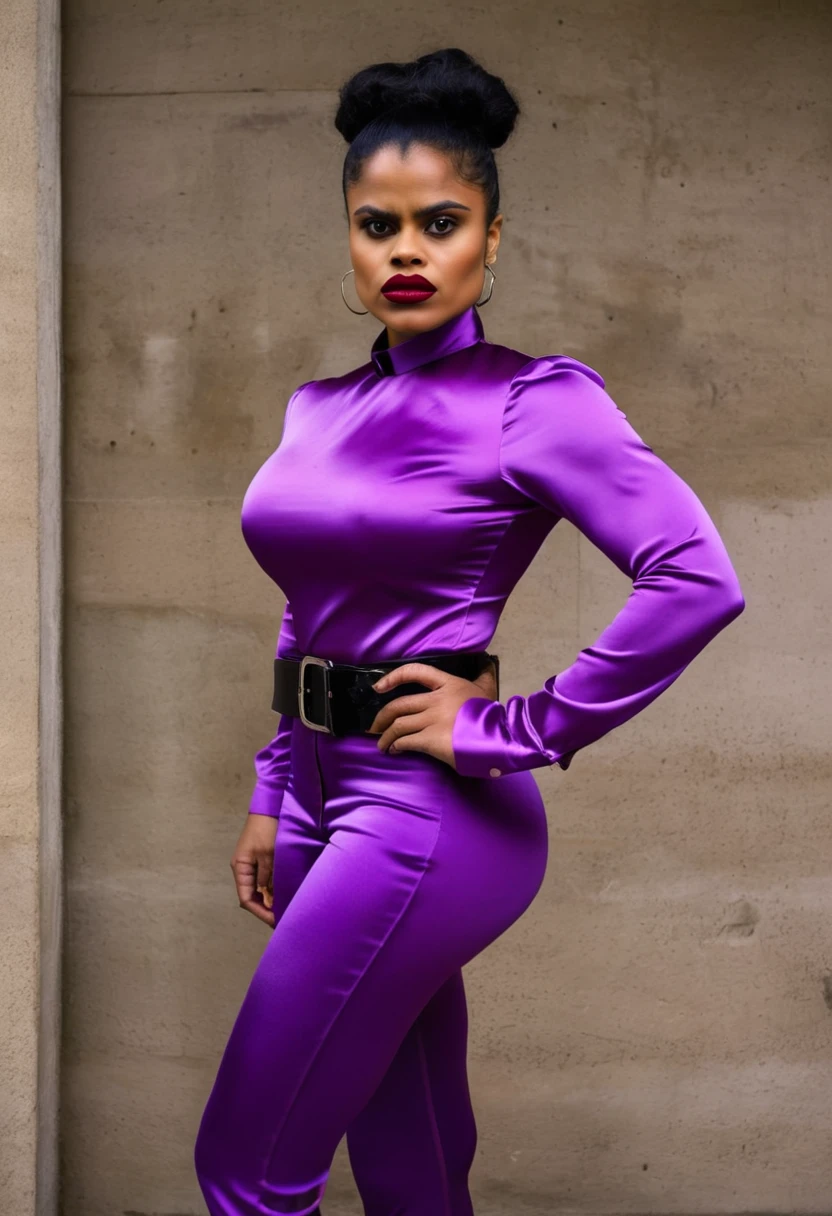 closeup shot, (muscular evil angry zazie beetz showing closed teeth with flared nostrils and furrowed brows:1.5) in a (closed satin skintight buttondown band collar blouse with large shoulder-pads and extremely tight belt:1.6), tight hairbun, silk gloves, (widened eyes), (muscular arms), subtle evil stare with flared nostrils, large shoulder-pads, (evil laugh), skintight satin pants defining her body, uptight, popped collar, stiff posture
