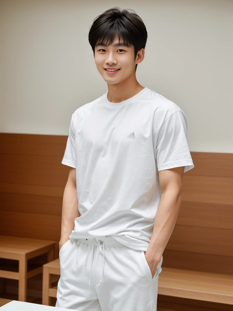 独奏: 1.5, (As a matter of fact, Masterpiece, 8k HD, good light quality, sportswear, fit the face, complicated details), A handsome Korean young man with muscular arms. , 20 years old, be happy, smile brightly, detailed face, delicate eyes, look at the sky, Wear a tight white t-shirt.:1.6, Long pants, period, black eyes, Black hair color, ผมsmooth, smooth，Surreal，Awesome details，Highest quality，real，Open your mouth to talk. , Close your eyes.,standing in department store
