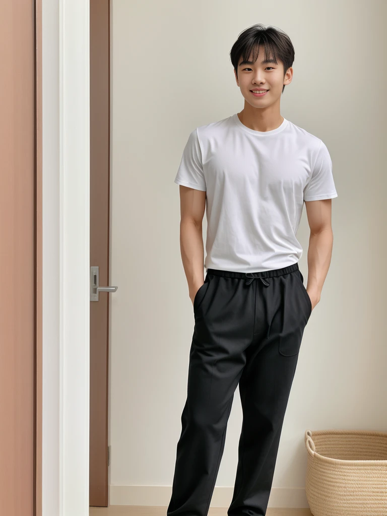 独奏: 1.5, (As a matter of fact, Masterpiece, 8k HD, good light quality, sportswear, fit the face, complicated details), A handsome Korean young man with muscular arms. , 20 years old, be happy, smile brightly, detailed face, delicate eyes, look at the sky, Wear a tight white t-shirt.:1.6, Long pants, period, black eyes, Black hair color, ผมsmooth, smooth，Surreal，Awesome details，Highest quality，real，Open your mouth to talk. , Close your eyes.,standing in department store