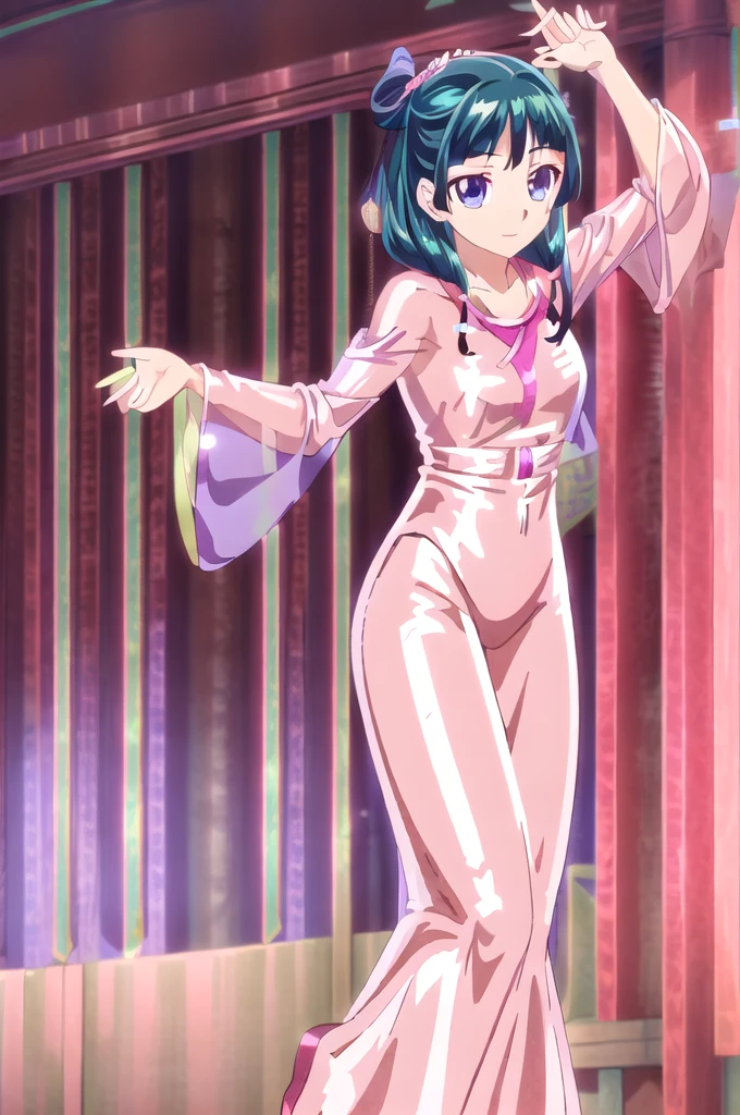 1girl,solo,(cowboy shot),standing,(green hair:1.2),long hair,pig tails,hair ornament,hair flower,(blue eyes:1.2),(makeup:1.2),(beautiful fingers:1.6),(perfect anatomy:1.6),(arms_behind_back:1.6),(cold_shoulder:1.2),BREAK,(pink hanfu:1.6),(leather lace glossy silk lamé:1.6),(latex luster shiny glossy metallic:1.6),(shiny_clothes:1.6),(medium breasts:1.4),beautiful breasts,masterpiece,best quality,(Ultra high definition eyes:1.2),8k,(Beautiful detailed eyes:1.2),(Fine and beautiful eyes:1.2),(pretty eyes:1.2),finely detail,extremely CG, absurdres,high resolution,illustration,Detailed and beautiful outlines,finely detail,high resolution,(colorful refraction:1.4,Increase saturation:1.2),beautiful lighting,dynamic lighting,closed room,black background,simple background, smile,looking at viewer,maomao,earrings,necklace,shawl,(white Clear PVC sheets sleeves:1.4),(sheer sleeves:1.4),(see-through sleeves:1.4),(wide sleeves:1.2),(pink thigh boots:1.4)