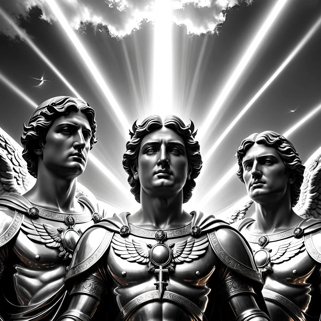 archangels, religious, surrealistic, thinking, Surrealism, Social realism, cinematic lighting, god rays, ray tracing, blending, multiple monochrome, masterpiece, high details, award winning, 8k, highres, best quality, three strong men, the sky is like trembling, highly detailed faces, perfect well drawn faces, universal facial features, add details