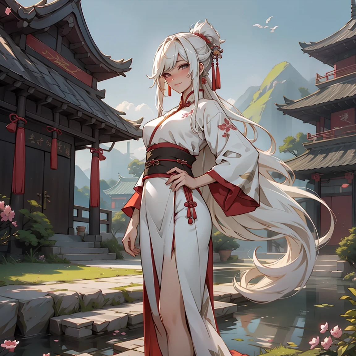 a beauty girl ,wear gorgeous hanfu, Chinese style buildings, landscape,nude, big , a pussy