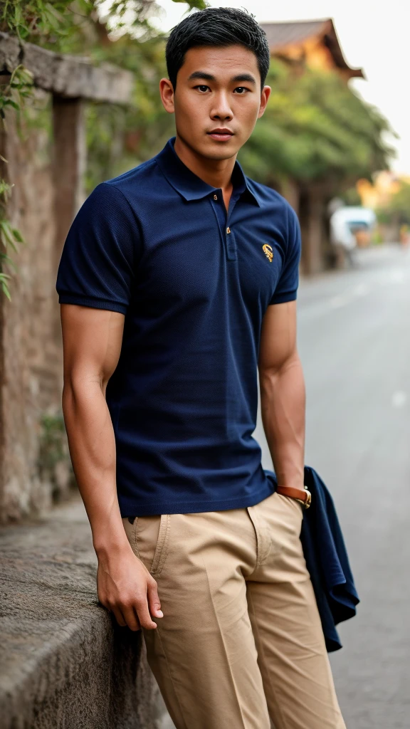 Thai man ,man,He is about 30 years old..,Rough and handsome appearance,large breastsj,Big waistline,buzz cut, angry, sullen, best quality, Masterpiece,(Have muscles:4.5),(best quality,high resolution,Masterpiece:1.2),The eyes are natural and delicate..,1 person,alone,gay asian,muscle,Long legs,brave,short hair details,conjunctivitis ,strong,brown eyes, (outdoor background road :1.5),in the market,sit (Blue Polo Shirt:1.3),Jeans
